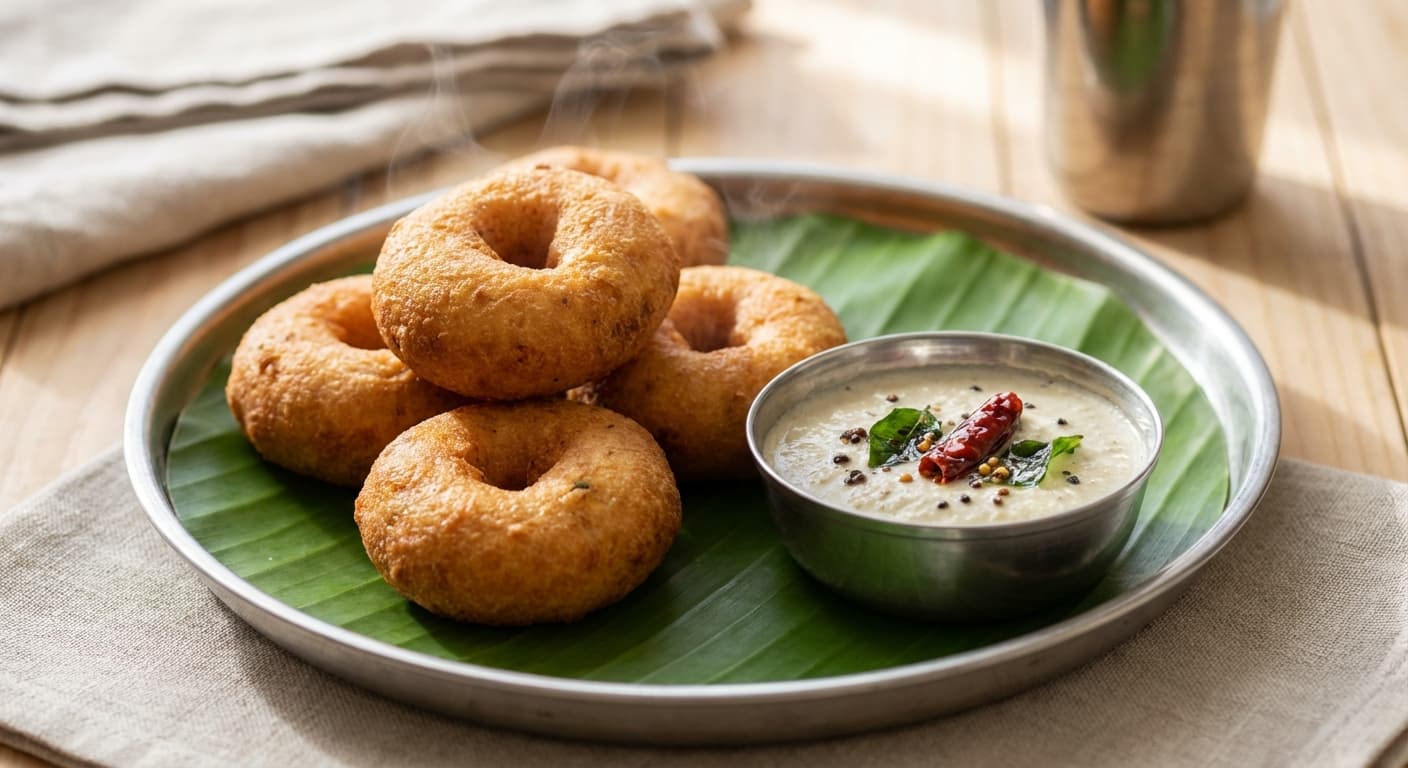 Medu Vada — Indian Fried Urad Dal Doughnuts with Coconut Chutney - authentic indian recipe