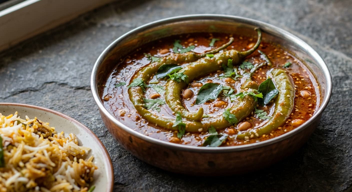 Mirchi ka Salan — Hyderabadi peanut-sesame chili curry - authentic indian recipe