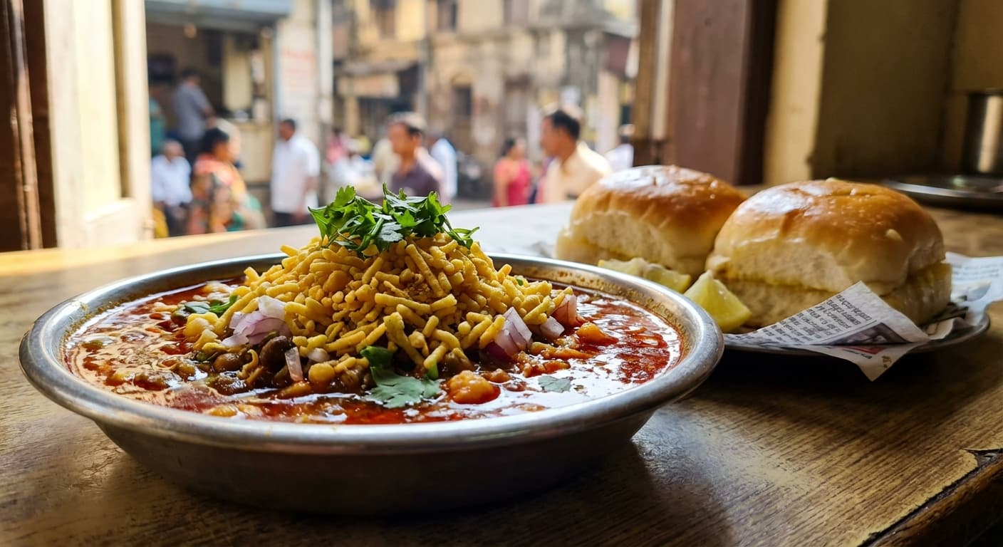 Misal Pav — Spicy sprouted moth bean curry with farsan - authentic indian recipe
