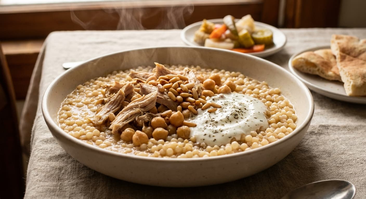 Moghrabieh — Lebanese Pearl Couscous Stew with Chickpeas and Chicken - authentic lebanese recipe