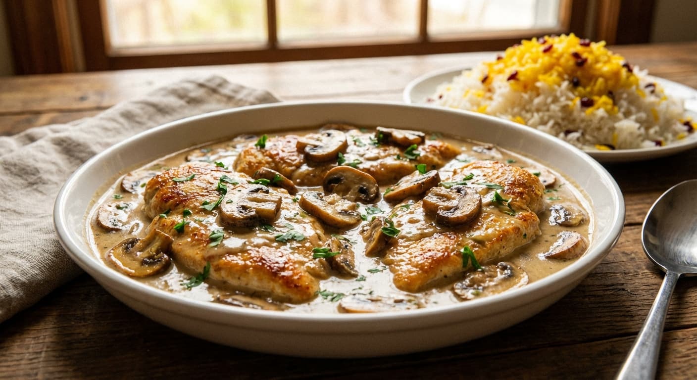 Morgh ba Soos - e Gharch - Persian Creamy Mushroom Chicken - authentic persian recipe