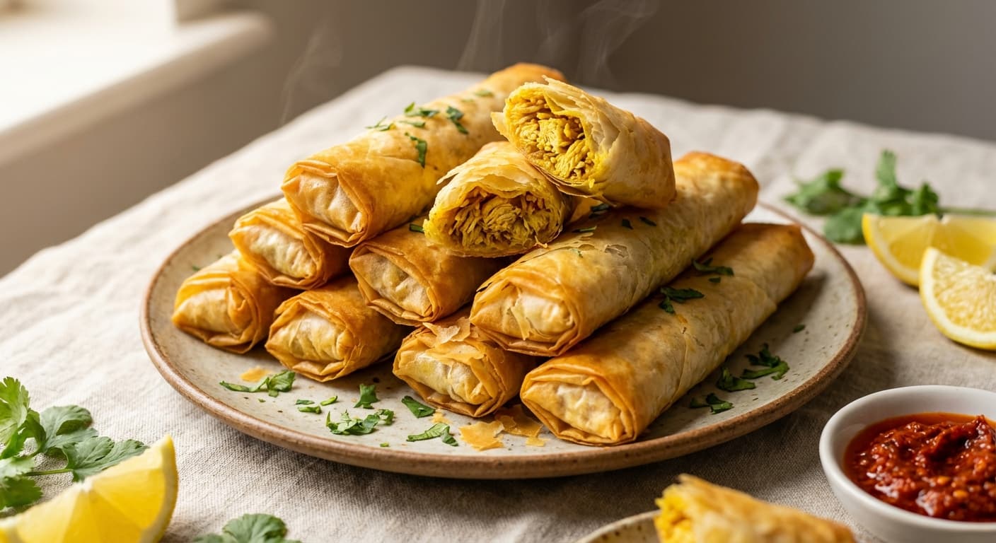 Moroccan Chicken Briouat — Crispy Phyllo Rolls with Chicken and Vermicelli - authentic moroccan recipe