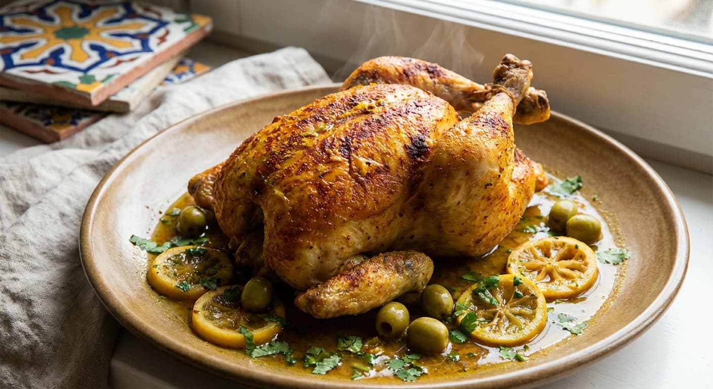 Moroccan Lemon Chicken — Roasted chicken with preserved lemon, herbs, and olives - authentic moroccan recipe