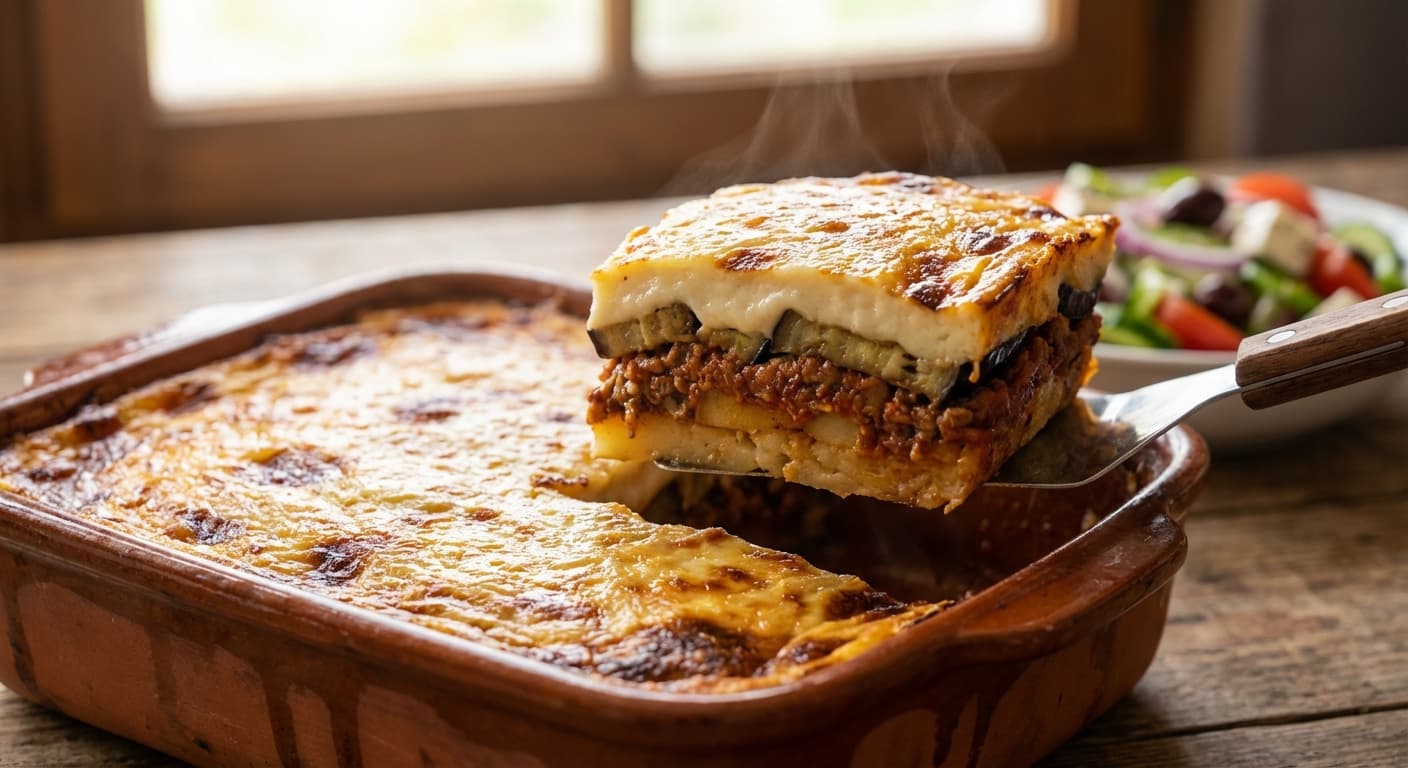 Moussaka — Greek Layered Eggplant and Ground Lamb Casserole with Béchamel - authentic greek recipe