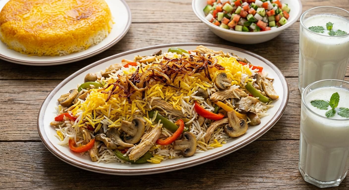 Mushroom and Chicken Pilaf — Saffron-scented Persian polow with peppers - authentic persian recipe