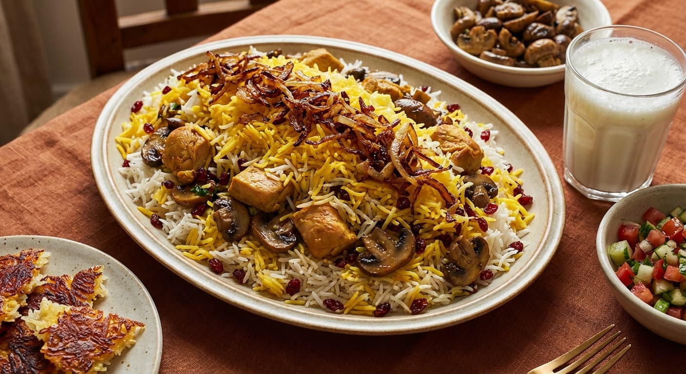 Mushroom and Chicken Polo — Saffron-scented layered rice with chicken and mushrooms - authentic persian recipe