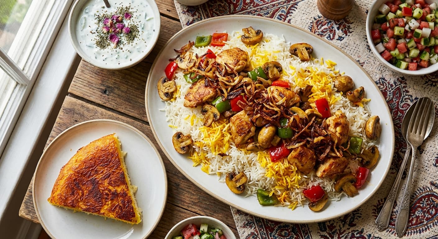 Mushroom and Chicken Polo - authentic persian recipe