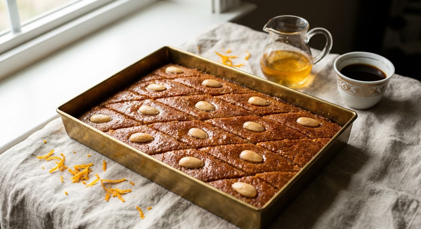 Namoura — Lebanese Semolina Cake with Orange Blossom Syrup - authentic lebanese recipe