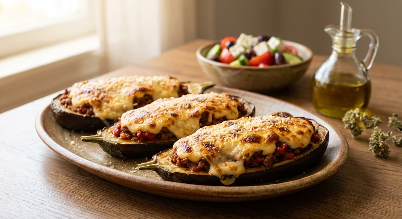 Papoutsakia — Greek Stuffed Eggplant with Meat Sauce and Béchamel - authentic greek recipe