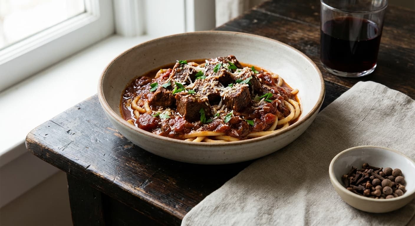Pastitsada — Corfu-Style Braised Beef with Pasta - authentic greek recipe