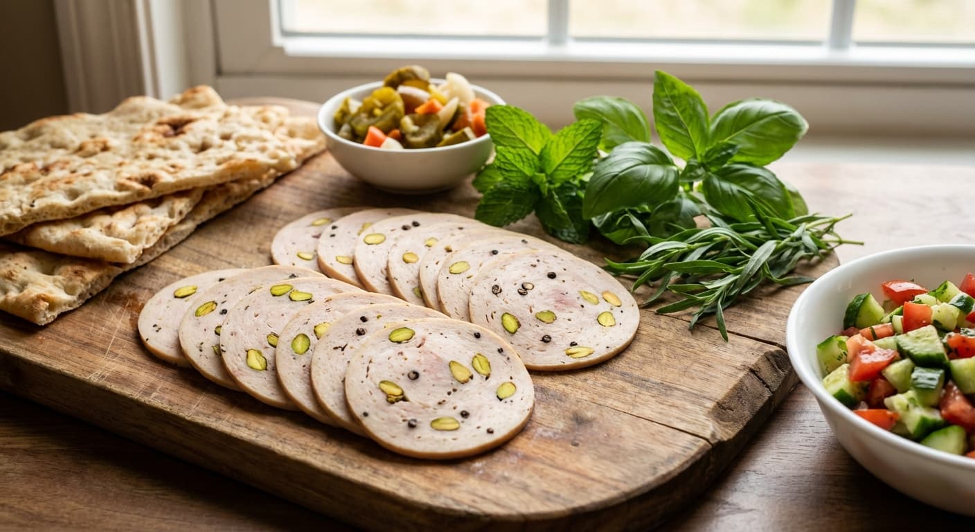 Persian Chicken Cold Cuts — Steamed garlic-pistachio deli loaf - authentic persian recipe