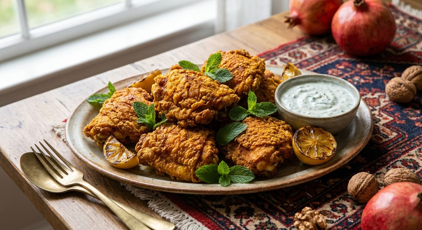 Morgh-e Sorkh Shodeh — Persian-Style Crispy Fried Chicken Thighs with Mint Yogurt Sauce - authentic persian recipe