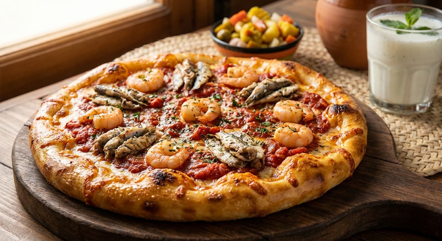 Persian Gulf Seafood Pizza — Kilka & shrimp on a herby tomato base - authentic persian recipe