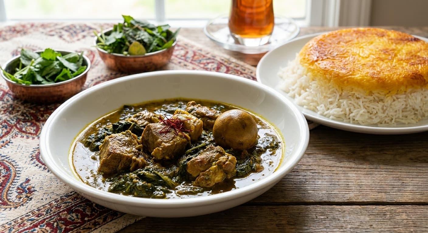Persian Khoresht Saak — Saffron-Cardamom Lamb Stew with Saak Greens - authentic persian recipe