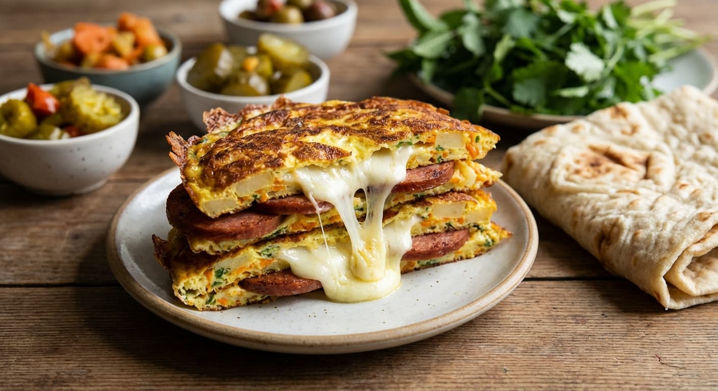 Persian Kolbas Omelette Stack — Cheesy herb omelette layered with kolbas - authentic persian recipe