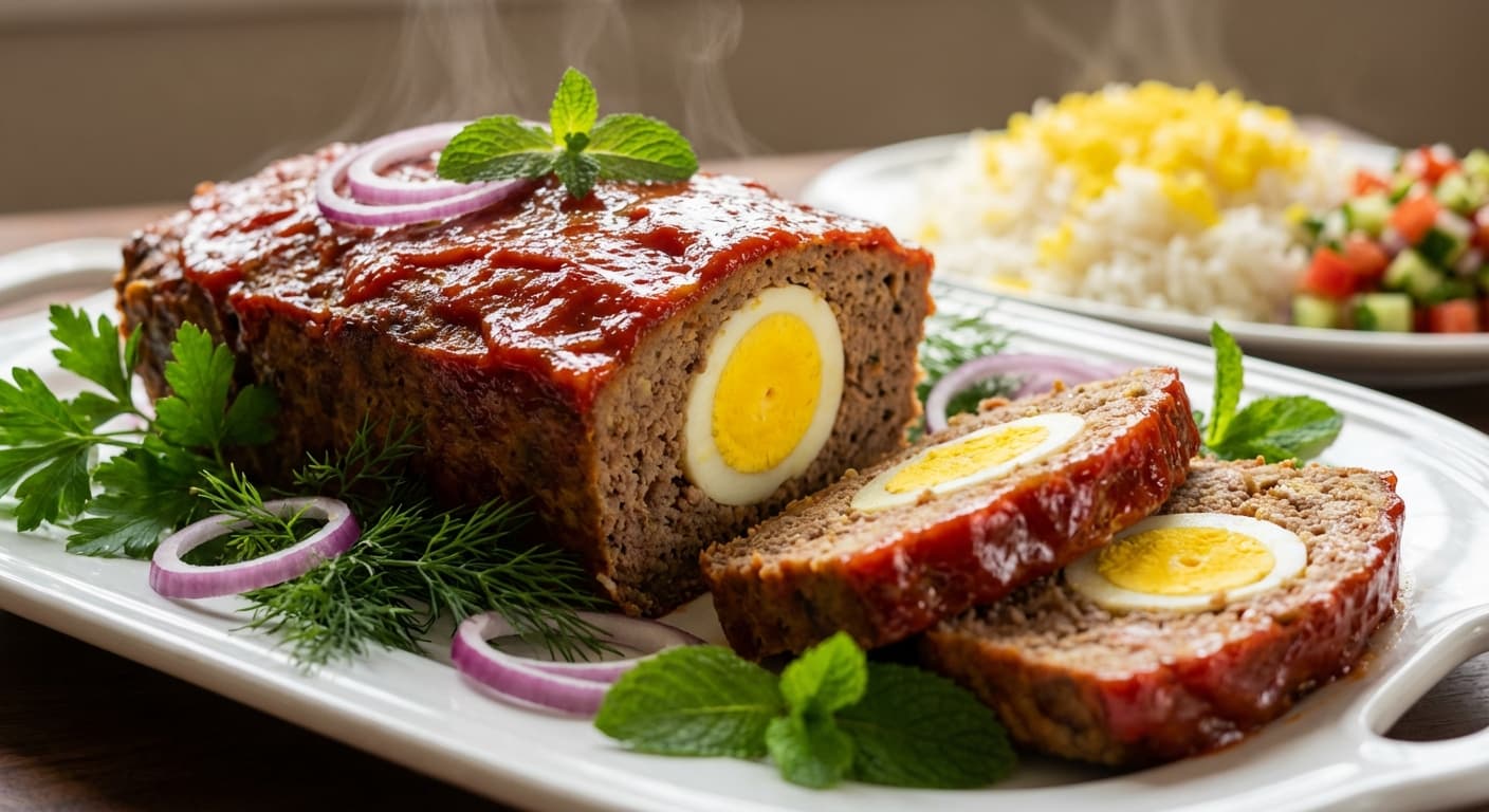 Persian Meat and Egg Loaf — Herb-Scented Meatloaf with Tomato Sauce - authentic persian recipe