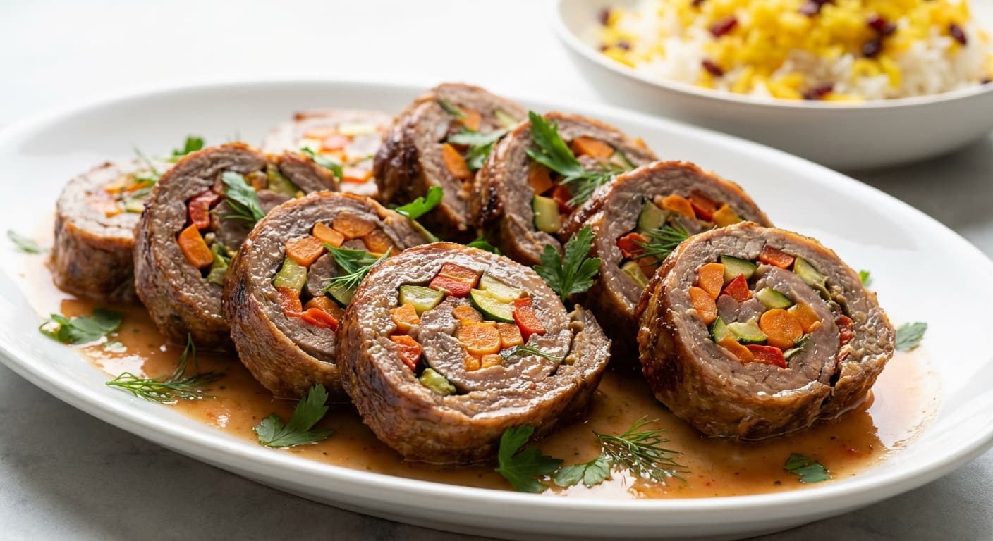Persian Meat Roulade — Vegetable Mosaic Stuffed Meat Roll - authentic persian recipe