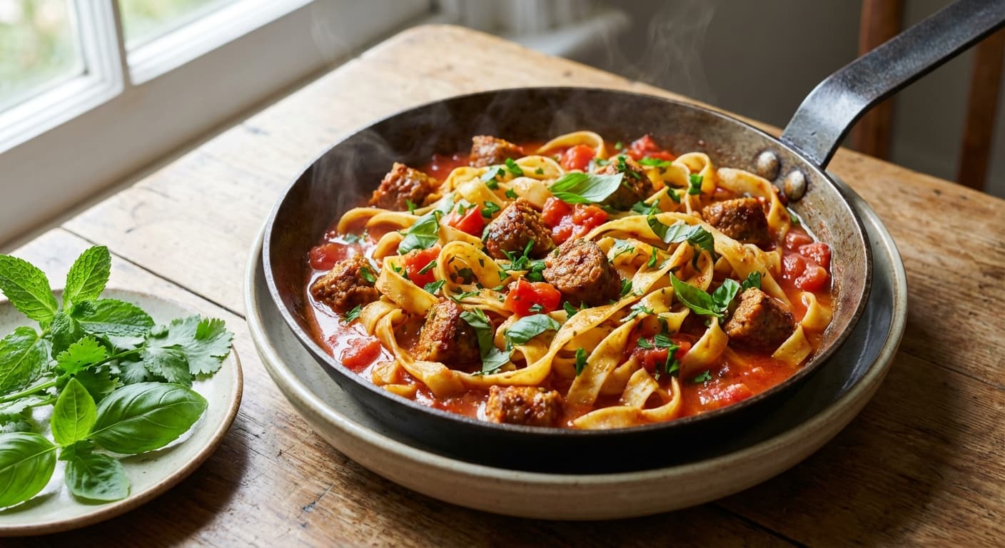 Makaroni ba Kalbas va Goje Farangi Taze — Persian-Style Pasta with Sausage and Fresh Tomatoes - authentic persian recipe