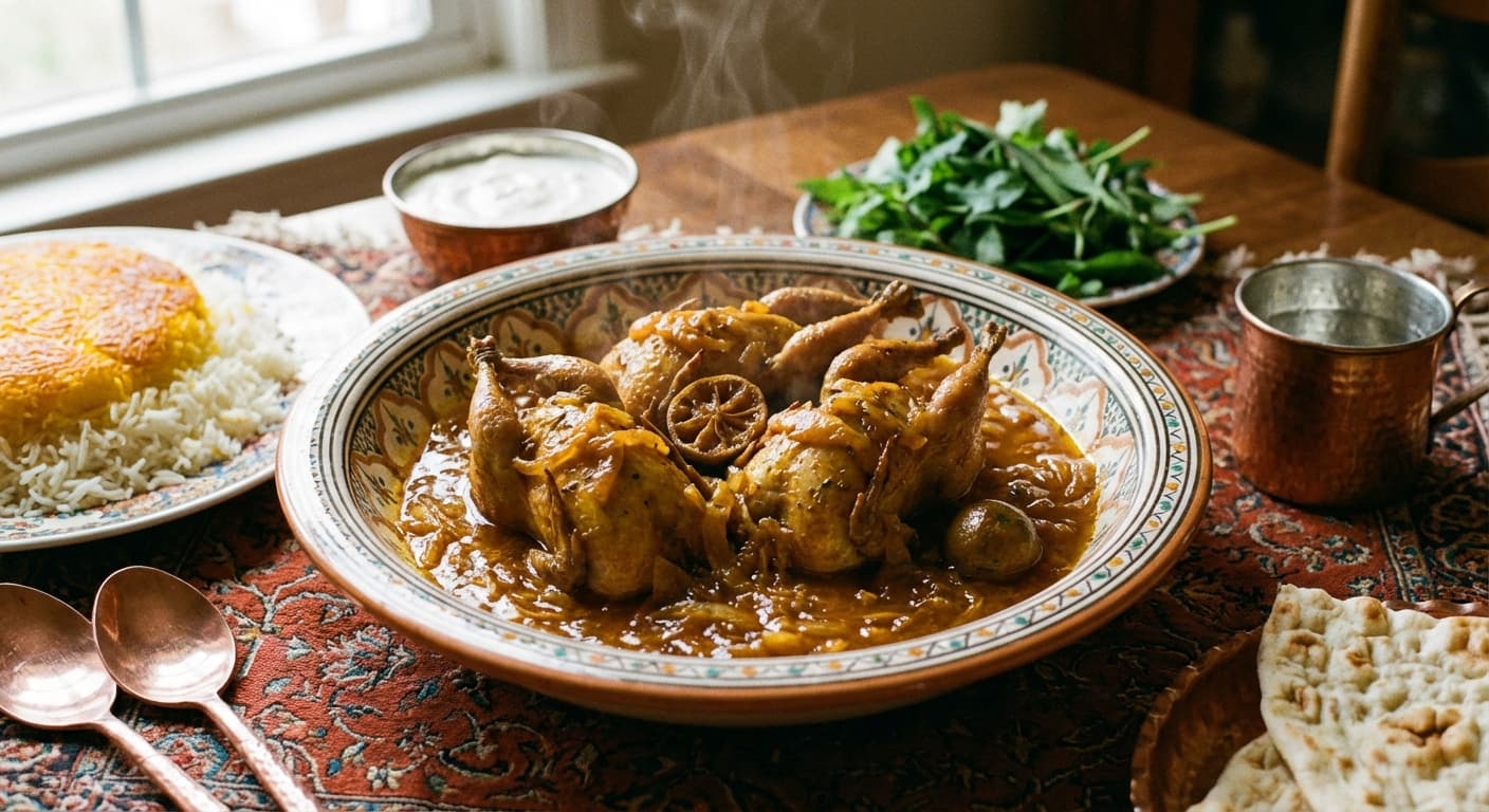 Khoresht-e Porteghal ba Belderchin — Persian Quail Stew with Sweet Orange Sauce - authentic persian recipe