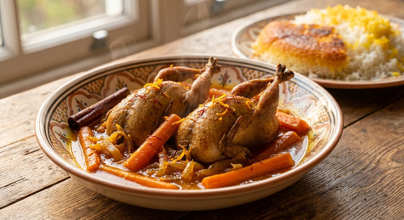 Khoresht - e Beldarcheen ba Soos - e Porteghal - Persian Quail Stew with Orange & Saffron - authentic persian recipe