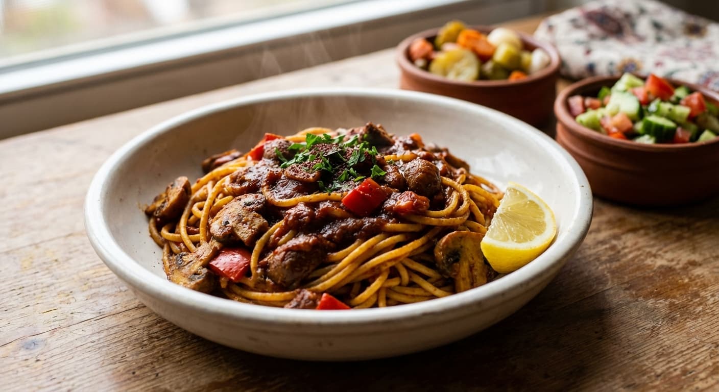 Persian-Style Mushroom Spaghetti — Turmeric-Scented Tomato Mushroom Pasta - authentic persian recipe