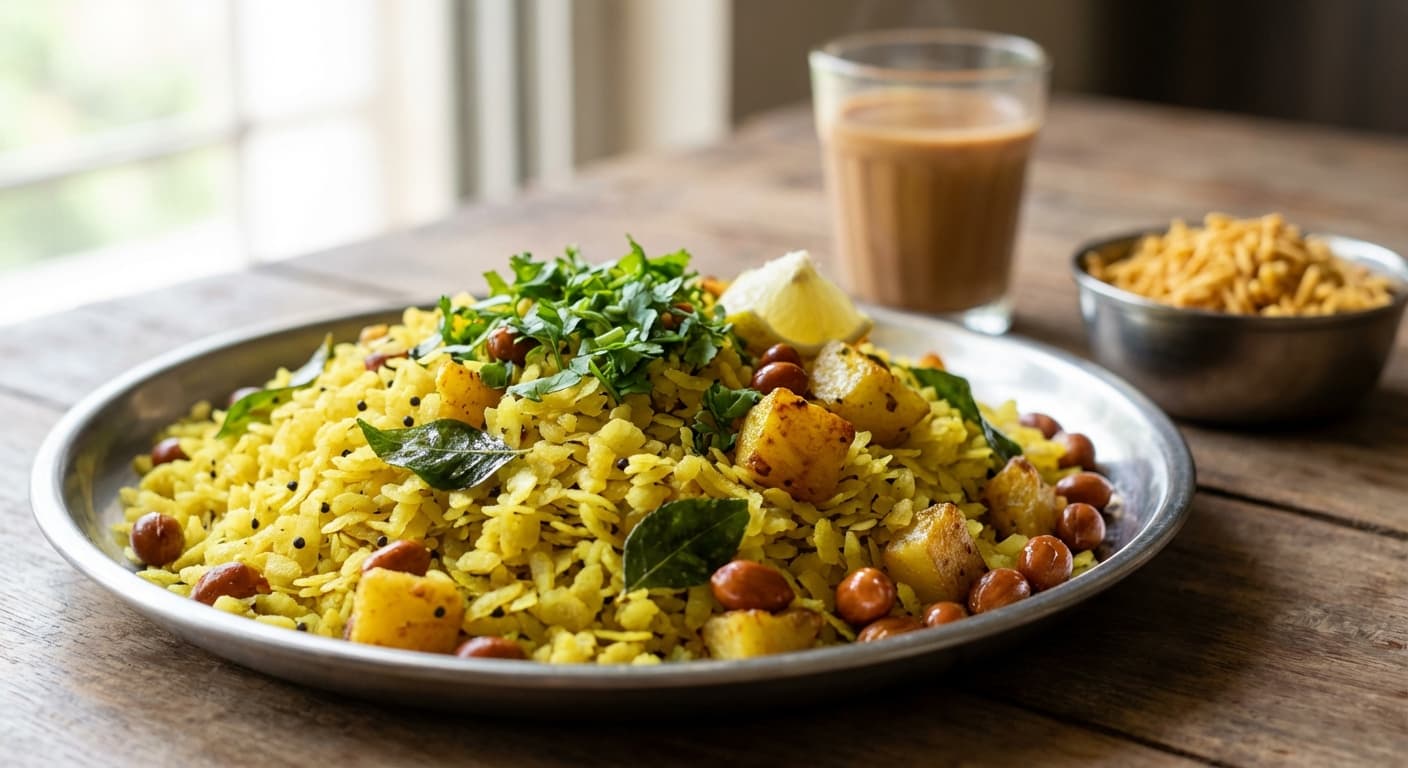 Poha — Indian Turmeric-Scented Flattened Rice with Peanuts - authentic indian recipe