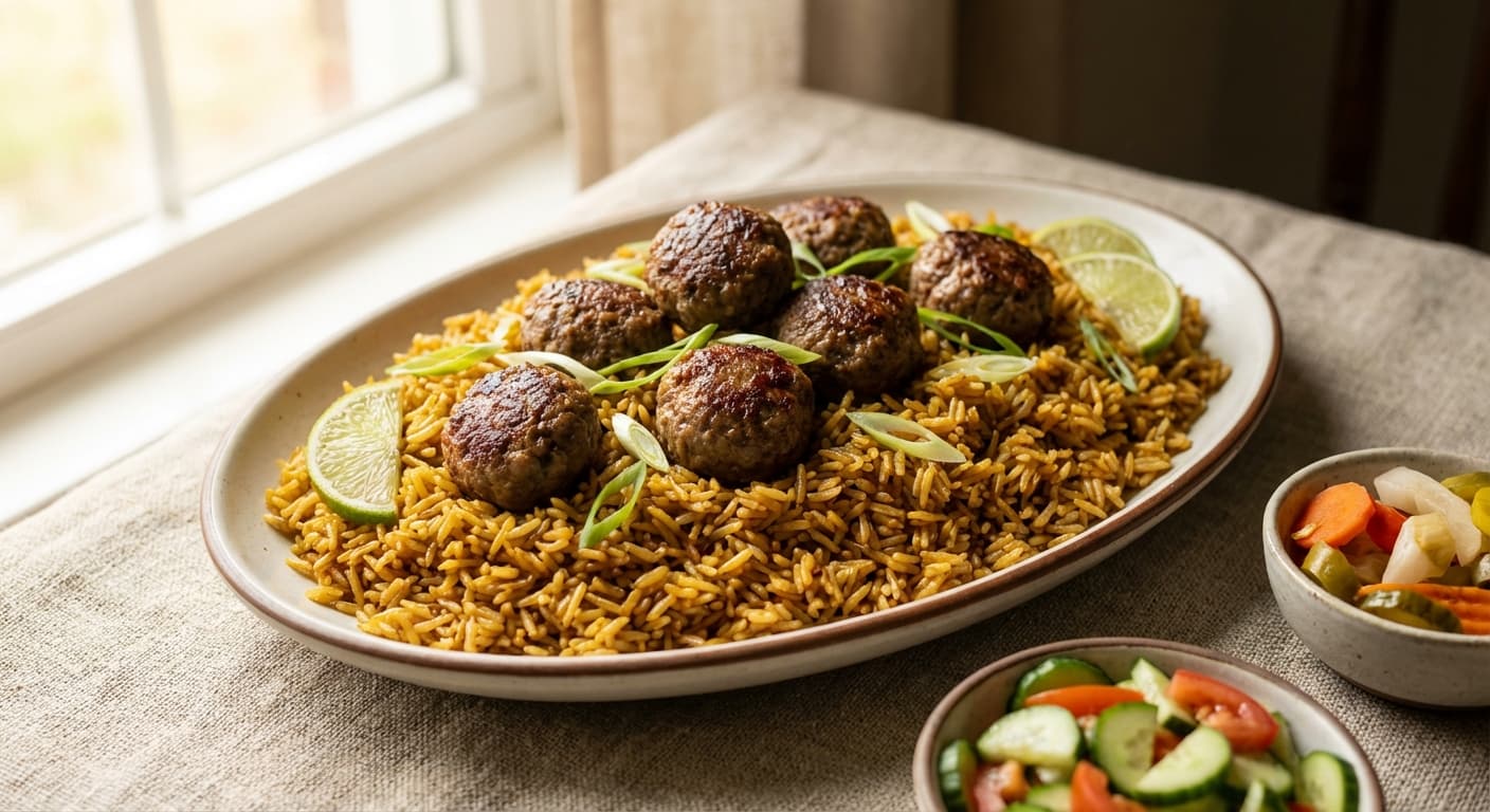 Polo Andonezi va Kabab — Indonesian-Style Rice with Savory Meatballs - authentic international recipe