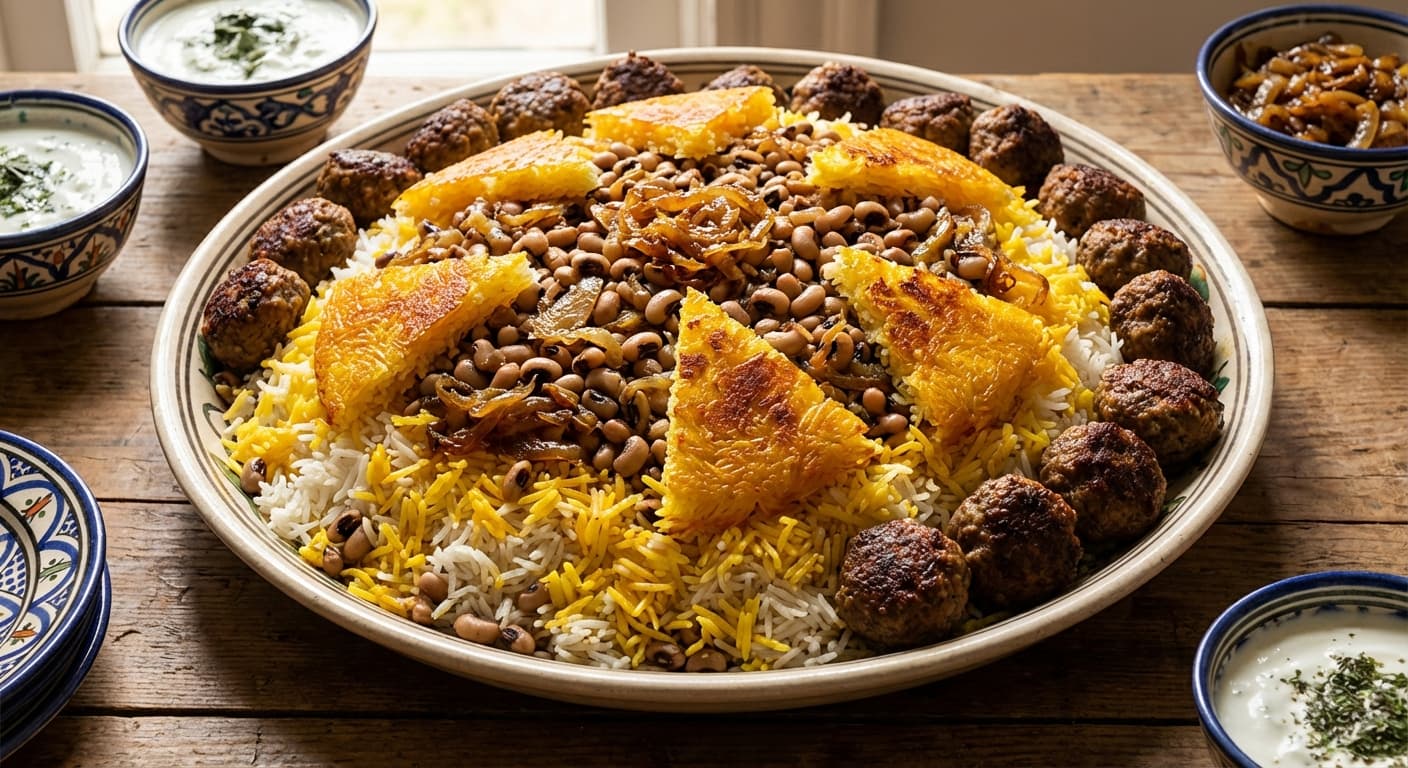 Polo Cheshm Bolboli ba Koofteh Rizeh — Persian Black-Eyed Pea Rice with Mini Meatballs - authentic persian recipe