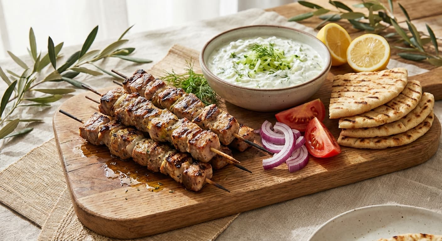 Pork Souvlaki — Greek Grilled Marinated Pork Skewers with Tzatziki - authentic greek recipe