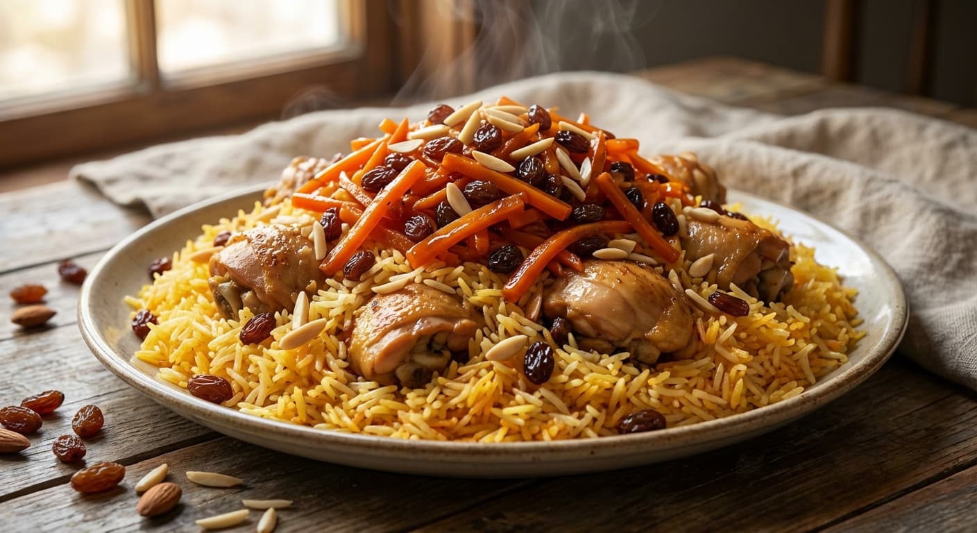 Qabili Uzbeki — Afghan Carrot and Raisin Pilaf with Chicken - authentic afghan recipe