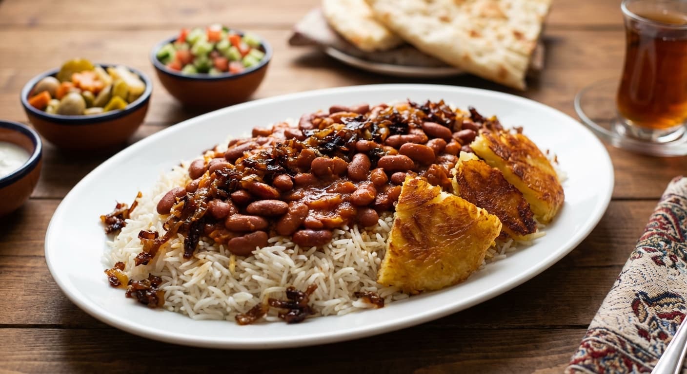 Red Bean Rice — Layered Persian rice with turmeric tomato beans - authentic persian recipe