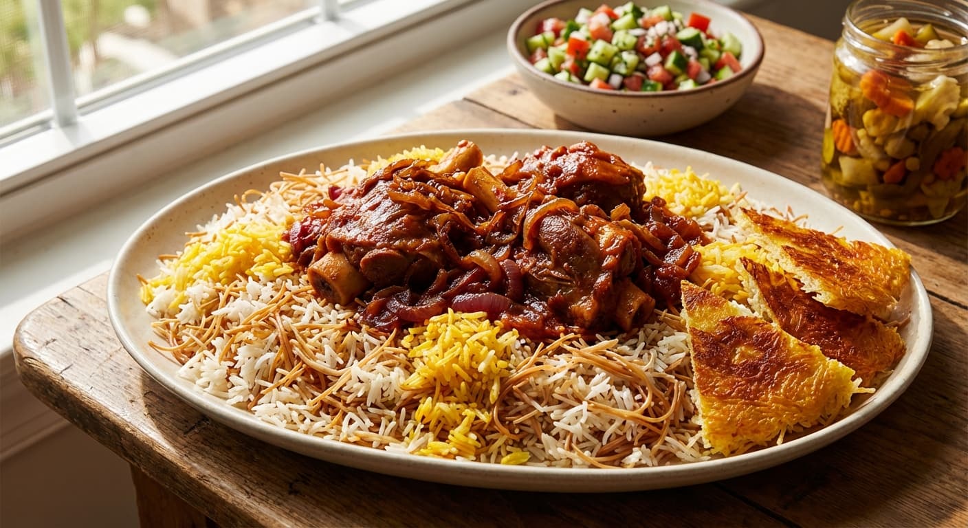 Reshteh Polo ba Gosht — Persian Noodle Rice with Braised Meat - authentic persian recipe