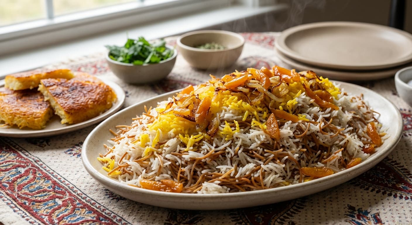 Reshteh Polo Gheysi — Persian Noodle Rice with Apricots - authentic persian recipe