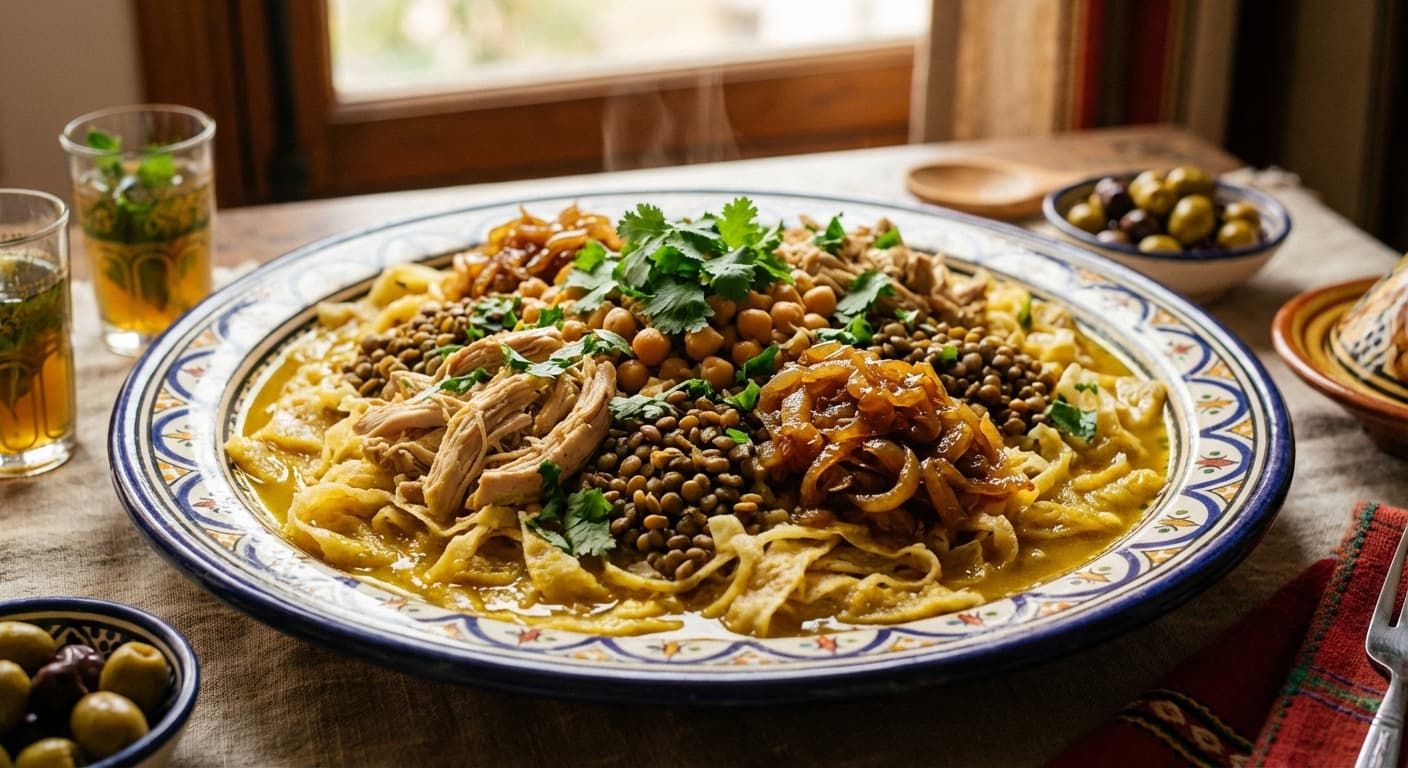 Rfissa — Moroccan Shredded Flatbread with Chicken and Lentils - authentic moroccan recipe