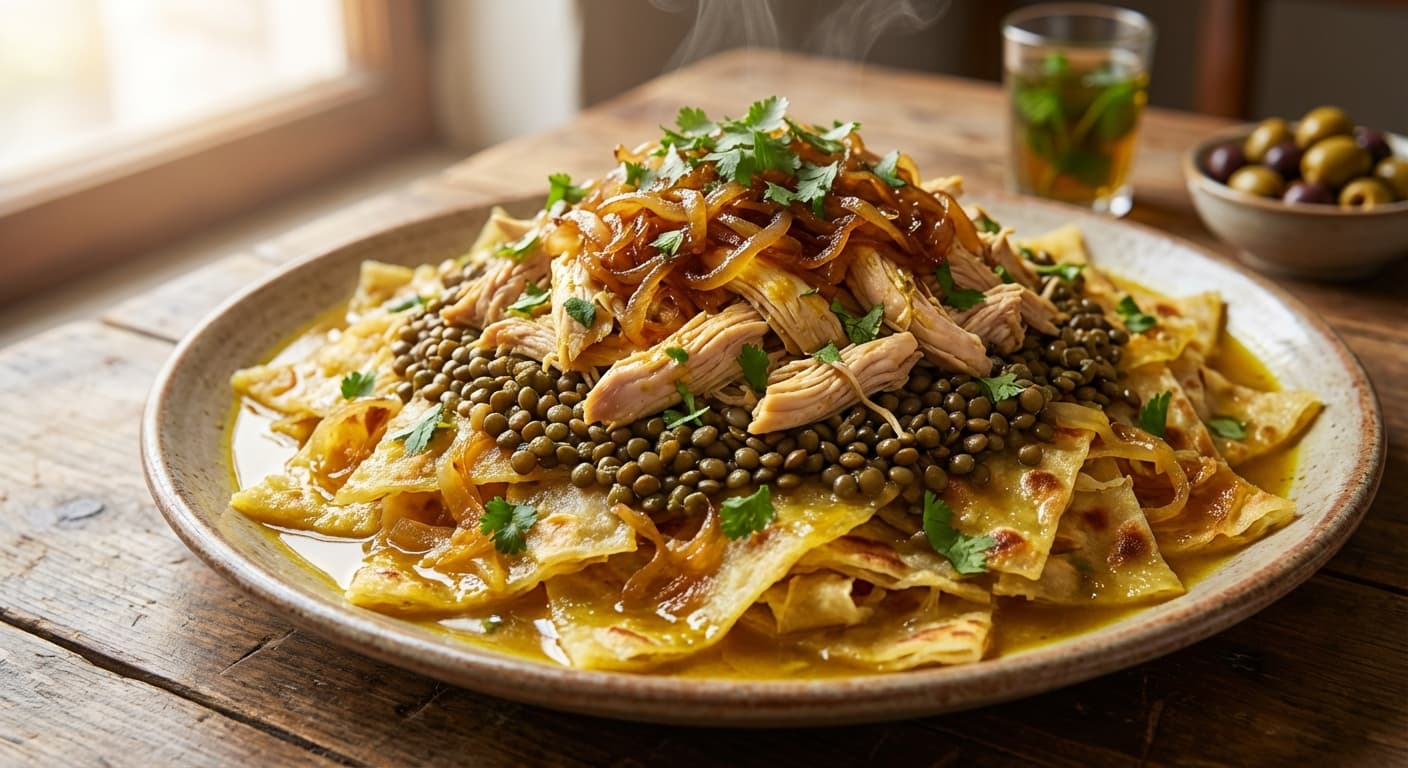 Rfissa — Moroccan Shredded Msemen with Lentils and Chicken - authentic moroccan recipe