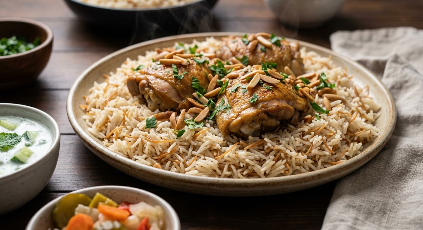 Riz a Dajaj — Lebanese Spiced Chicken Rice with Toasted Almonds - authentic lebanese recipe