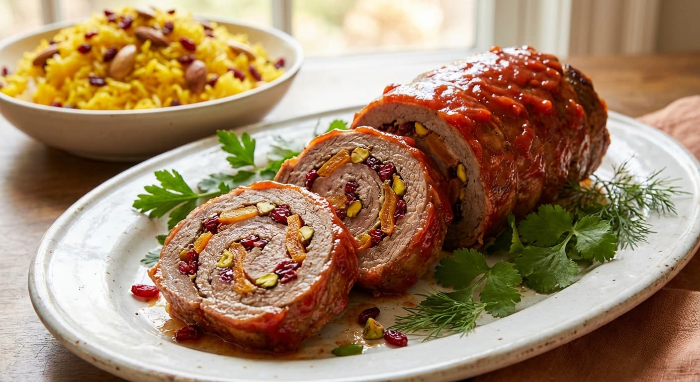Roulade-ye Goosht — Persian Stuffed Meat Roll with Barberries and Dried Apricots - authentic persian recipe