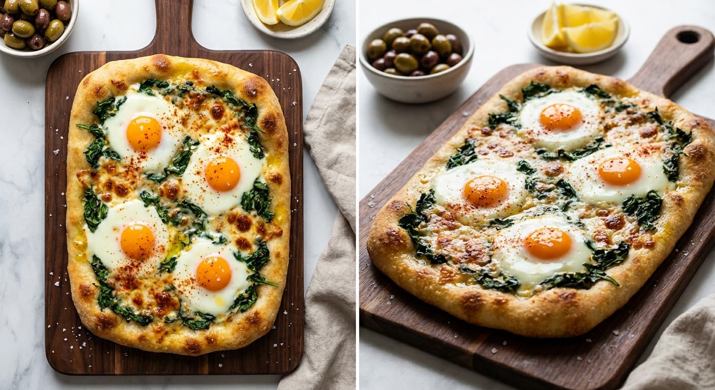 Rustic Mediterranean Spinach and Egg Flatbread — Crispy flatbread with garlicky spinach and baked eggs - authentic middle-eastern recipe