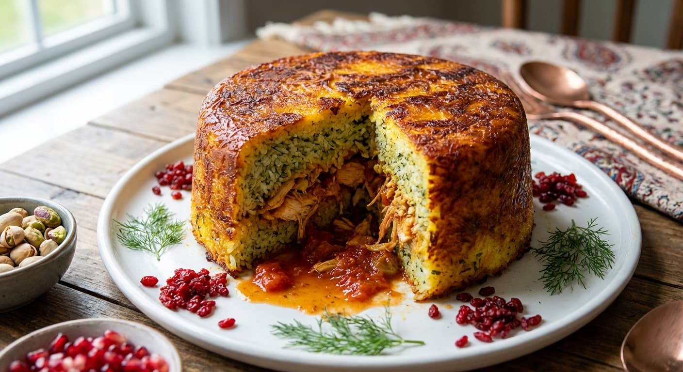 Sabzi Polo ba Tahchin-e Morgh-e Torsh — Tart Herb Rice with Saffron Chicken Tahchin - authentic persian recipe