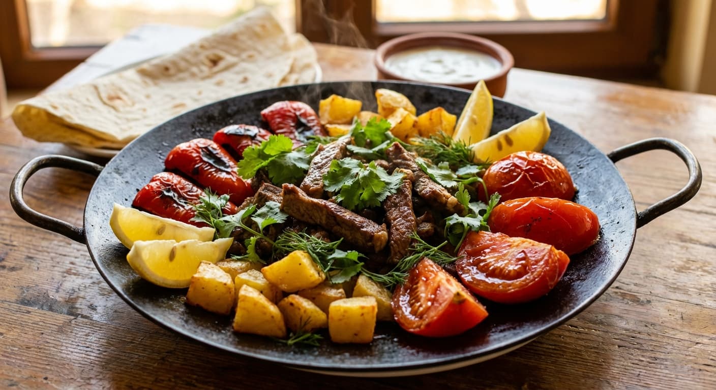 Sac Qovurma — Fast-cooked Azerbaijani meat and vegetables on a saj - authentic azerbaijani recipe