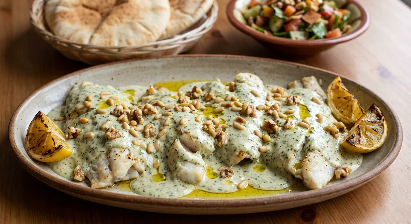 Samak Harra — Lebanese Fish in Spicy Tahini-Cilantro Sauce - authentic lebanese recipe
