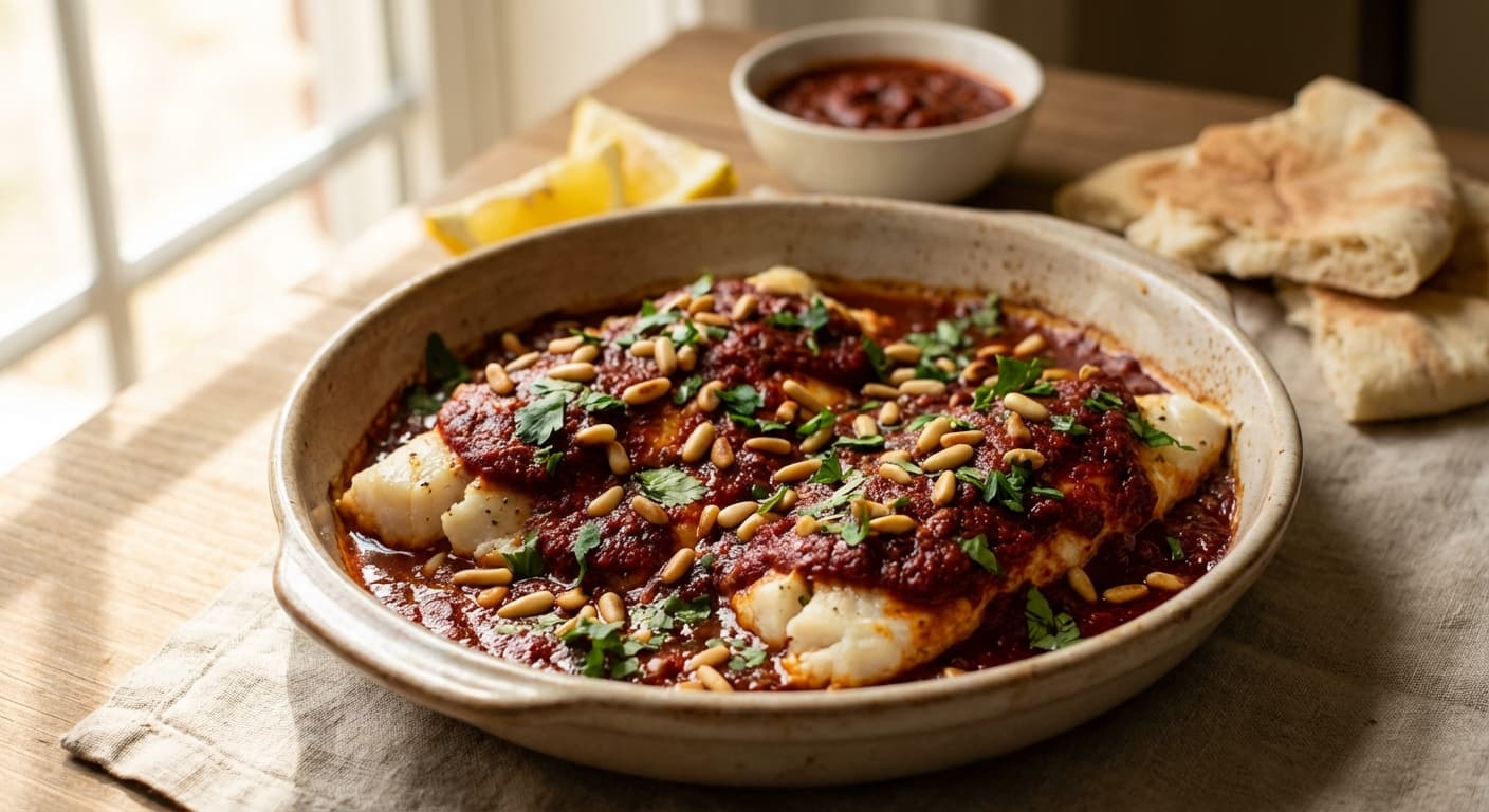 Samkeh Harra — Lebanese spicy baked fish with tahini and nuts - authentic lebanese recipe