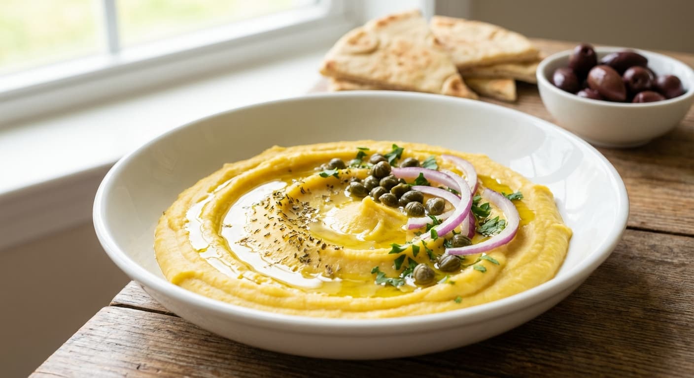 Santorini Fava — Creamy yellow split pea purée with capers - authentic greek recipe