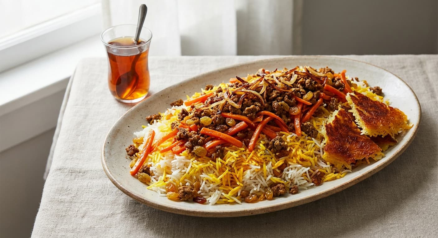 Sardee Polo — Persian Carrot Pilaf with Raisins and Spiced Meat - authentic persian recipe