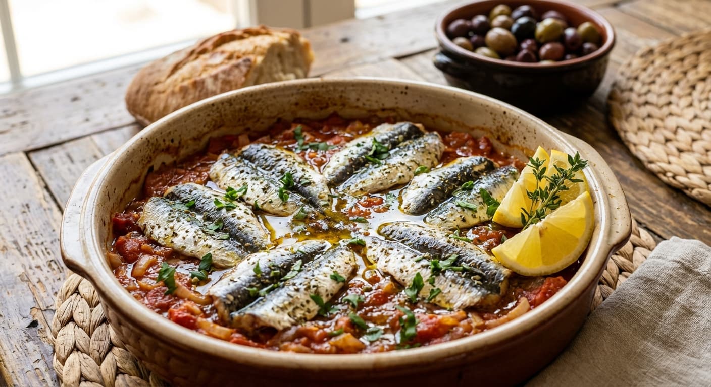 Sardines Plaki — Baked sardines with tomato and onion - authentic greek recipe