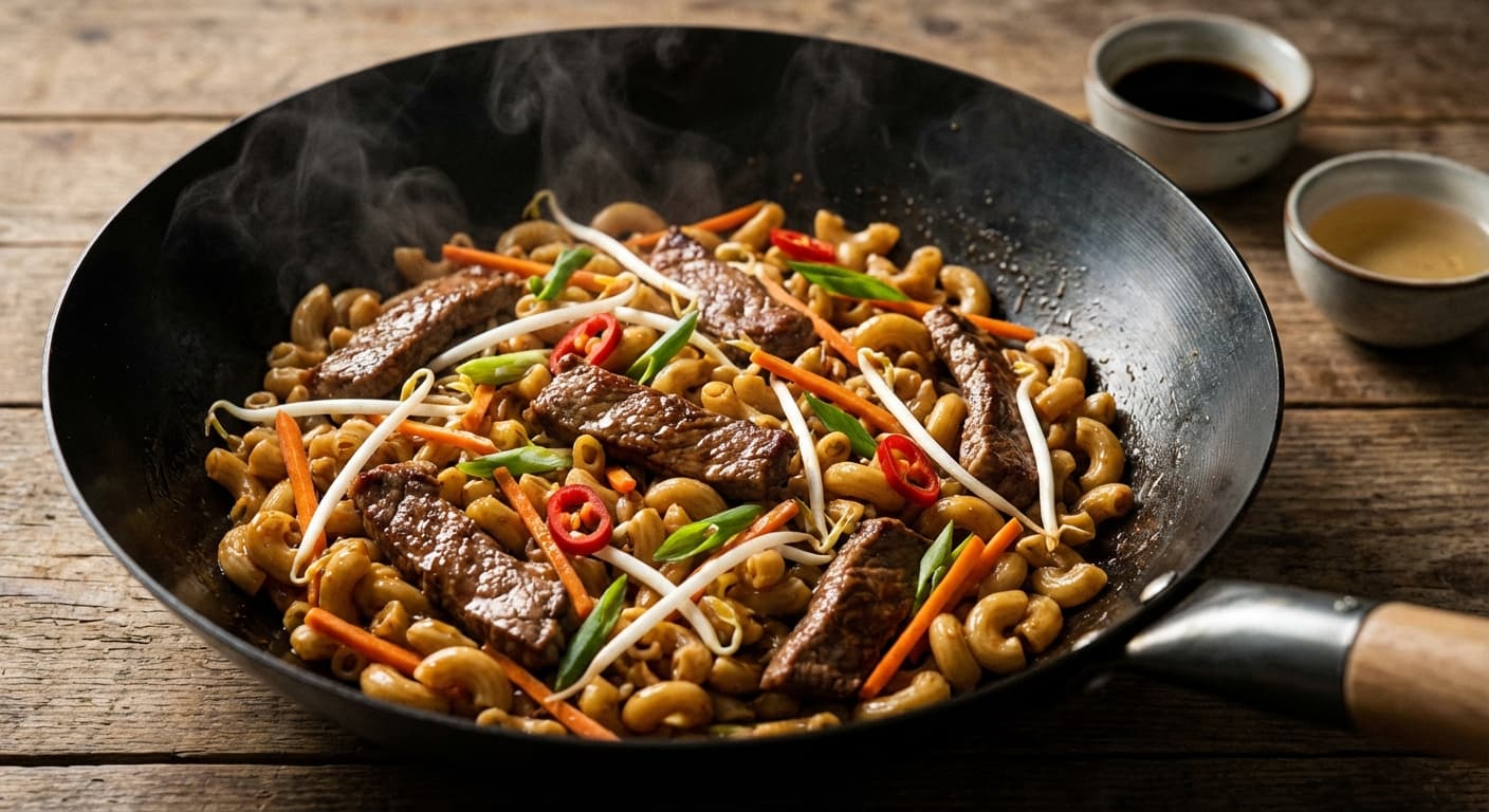 Savory Veal and Sprout Macaroni Stir-Fry — Umami soy veal with crunchy sprouts - authentic international recipe