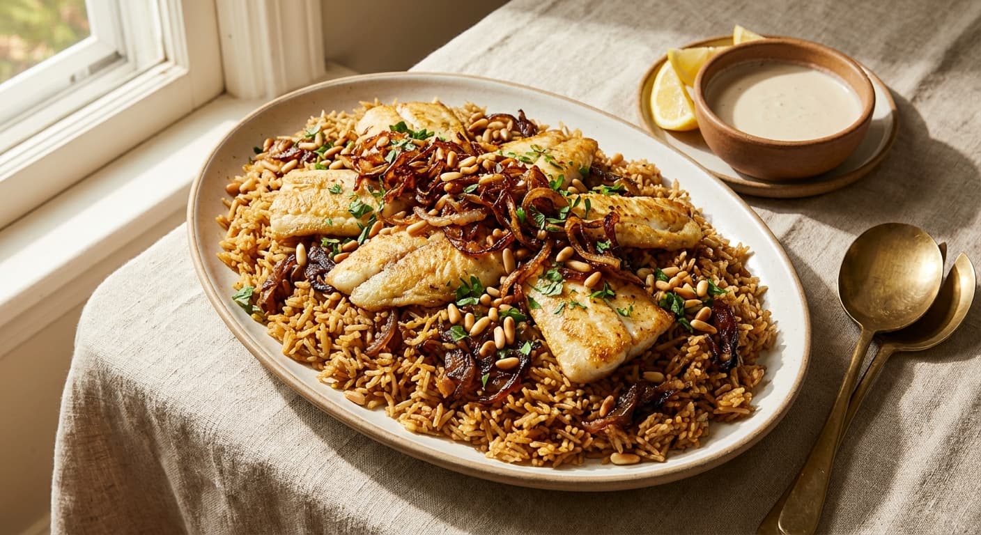 Sayadieh — Lebanese Spiced Fish with Caramelized Onion Rice - authentic lebanese recipe