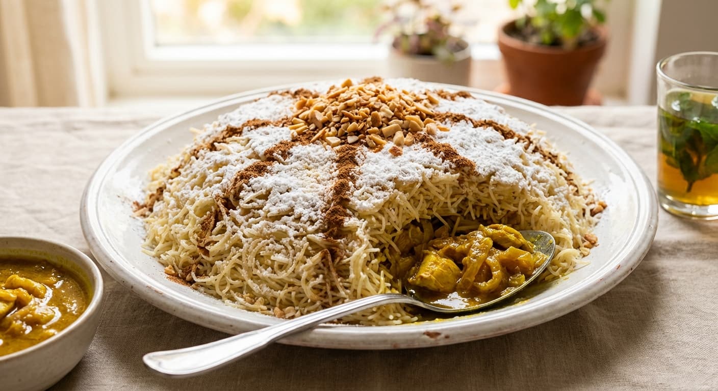 Seffa Medfouna — Sweet Vermicelli Mound with Hidden Saffron Chicken - authentic moroccan recipe