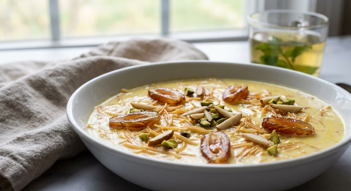 Sheer Khurma — Afghan vermicelli milk dessert with dates and nuts - authentic afghan recipe