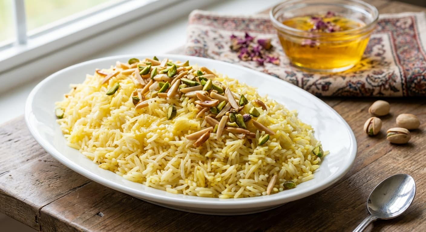 Sheer Polo — Persian Milk Pilaf with Saffron and Nuts - authentic persian recipe